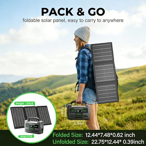 MARBERO Solar Generator 155Wh with 30W Solar Panel Portable Power Station with 2x 100W AC Outlets(Peak 150W), QC3.0 USB UL Certified for Home Blackout, Camping, RV Travel, Ultra-Light & Silent Fan - color: Green Black