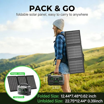 MARBERO Solar Generator 155Wh with 30W Solar Panel Portable Power Station with 2x 100W AC Outlets(Peak 150W), QC3.0 USB UL Certified for Home Blackout, Camping, RV Travel, Ultra-Light & Silent Fan - color: Green Black