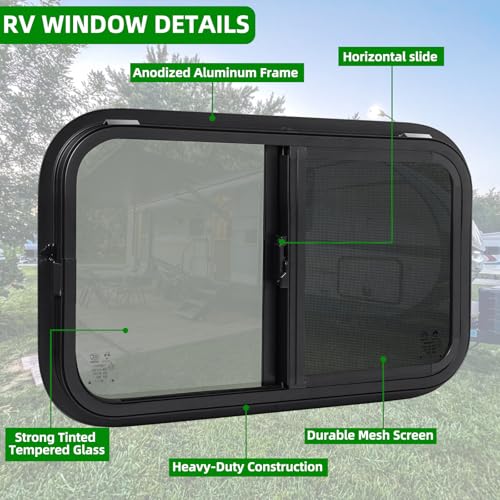 NOVINO Cargo Trailer Windows,18" Wx15 H RV Windows for Cargo Trailer/Camper/Travel Trailer with Trim Ring,Horizontal Sliding Replacement Fit 15/16" or 1-3/8" Thick Wall,Allow Error 1/16”,DOT Approved - size: 18"W x 15"H