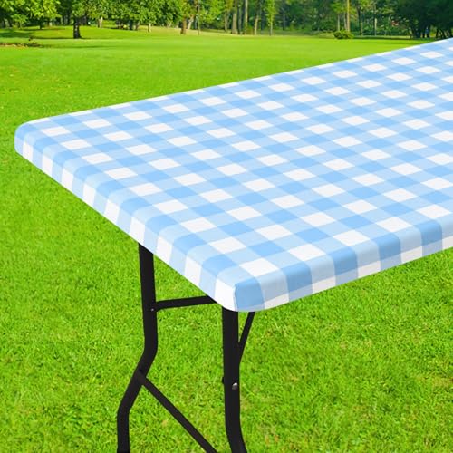 Smiry Rectangle Picnic Table Cloth, Elastic Waterproof Fitted Vinyl Tablecloths, Flannel Backed Buffalo Plaid Table Covers for Dining, Camping, Outdoor (Baby Blue and White, 24" x 48") - color: Baby Blue and White, size: 48" x 24" (Rectangular)