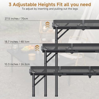 Folding Camping Table, 34.2" x 15.7" Picnic Table with 3 Adjustable Height Max 27.5", Matte Mesh Black Aluminum Folding Table with Handle for Party, Dining, Garden, Patio, Market - style: 3-Fold Mesh Tabletop