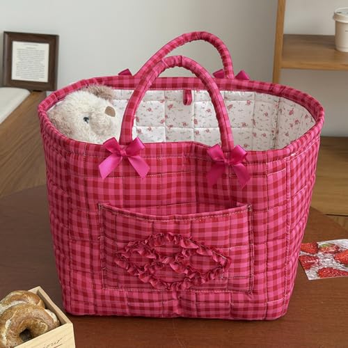 Storage Basket Boho Fabric Large Collapsible Floral Laundry Nursery Hamper Portable Folding Storage for Clothes Toys (Rose Red Plaid) - color: Rose Red Plaid