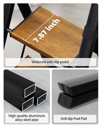 3 Step Ladder,Folding Step Stool with Aluminum Wide Pedal& Convenient Handgrip,330lbs Capacity Steel Ladder for Household and Office(Black &Woodgrain) - color: Black&woodgrain, size: 3 Step