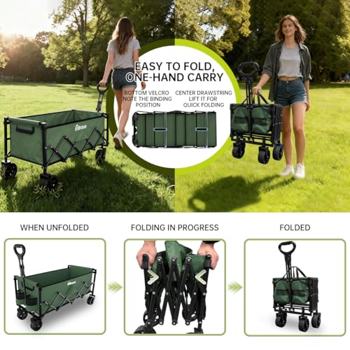 Extra Long Collapsible Wagon Cart, 480LBS Heavy Duty Utility Wagons with All-Terrain Wheels, Foldable Grocery Carts for Gardening, Shopping, Beach, Camping, Army Green - color: Army Green