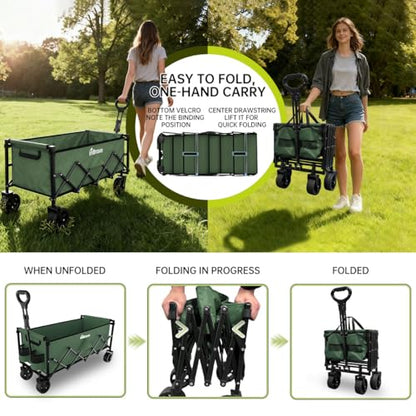 Extra Long Collapsible Wagon Cart, 480LBS Heavy Duty Utility Wagons with All-Terrain Wheels, Foldable Grocery Carts for Gardening, Shopping, Beach, Camping, Army Green - color: Army Green
