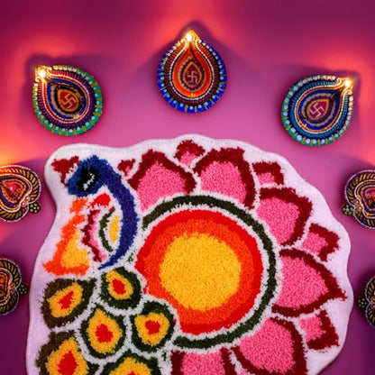 Drydiet 20 Inch Diwali Rangoli Mat Decorations Indian Diwali Door Mat for Home Peacock and Petals Decoration Non Slip Washable Rug for Indian Traditional Pooja New Year Entrance Gift - style: Rangoli
