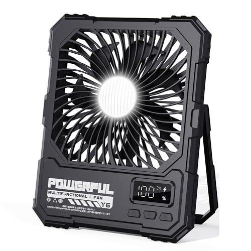 Portable Fan, Camping Fan, 20000mAh 6-Inch 18-85H Rechargeable Ultra Thin Foldable with Built-in Power Bank, LED Light, Remote Control, Hook for Outdoor Camping Tent RV Travel (Black) - color: Black