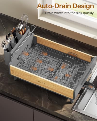 Urackify Dish Drying Rack for Kitchen Counter - Stainless Steel & Bamboo Dish Rack with Large Removable Utensil Holder, Dish Drainer with Adjustable Automatic Spout, Grey - color: Gray, size: 1 Tier