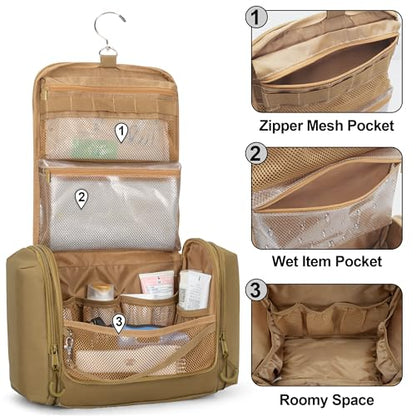 Tactical Toiletry Travel Bag for Men, Hanging Dopp Kit Hygiene Bag Shower Organizer with Hook for Toiletries and Shaving Care, Khaki (Empty Bag) - color: Khaki