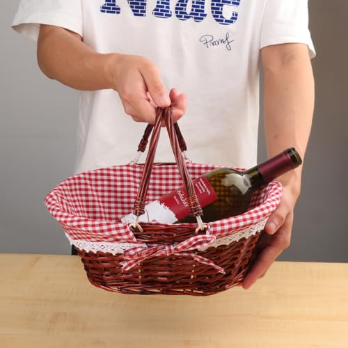 GNIEMCKIN 2 Pack 12.6 Inch Wicker Basket with Handle, Wicker Picnic Baskets with Red Checkered Liner, Oval Willow Woven Basket for Fruit, Wine, Wedding, Picnic(Brown Color) - size: 2 Pack 12.6 Inch Brown