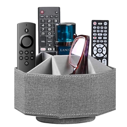 Swivel Remote Control Holder, 9 Rooms Desk Organizer and Decorations for Living Room, Leather Bedside Storage Caddy for TV Controllers/ Makeup Brush Pen/ Office Stationery/ Art Supplies/ Eyeglasses - color: Grey