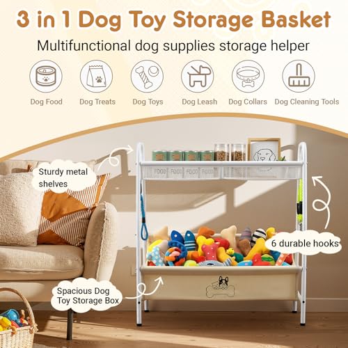 Zonon Large 2 Tier Dog Toy Organizer Basket Metal Pet Storage Bin with Collar Leash Holder Hook,Trapezoid Pet Toy Box for Food, Snacks & Accessories, Holder Chest for Dog & Cat Essential Supplies
