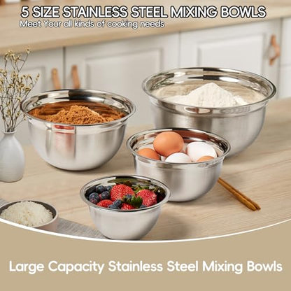 WEPSEN Mixing Bowls Set, 25PCS Khaki Mixing Bowls With Lids Set Stainless Steel Kitchen Large Nesting Metal Bowl 7QT to 1.5QT, Measuring Cups and Spoons for Prepping Cooking Serving - color: Khaki Bowls Set