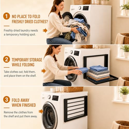 Magnetic Shelves for Washing Machine, No-Drill Magnetic Laundry Organizer Shelf for Washer Dryer and Small Spaces, Foldable Space-Saving Side Storage Rack for Laundry, Bathroom, Kitchen & RV