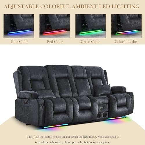 TUNYI Power Loveseat Recliner Sofa with Massage & Heat Home Theater Seating with Console RV Recliner Loveseat Sofa with USB/Storage/Side Pocket/LED Light/Speaker (Grey, 3 Seat with Console) - color: Grey, size: 3 Seat with console
