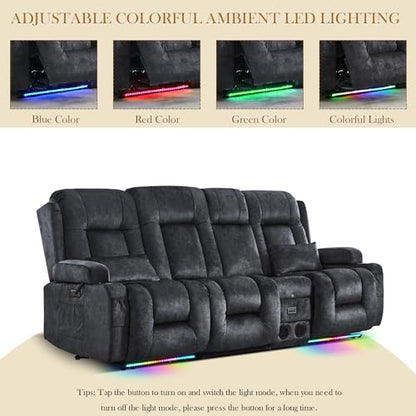 TUNYI Power Loveseat Recliner Sofa with Massage & Heat Home Theater Seating with Console RV Recliner Loveseat Sofa with USB/Storage/Side Pocket/LED Light/Speaker (Grey, 3 Seat with Console) - color: Grey, size: 3 Seat with console
