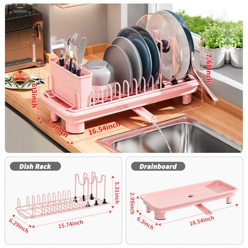 SanDream Small Dish Drying Rack with Removable Utensil Holder & Anti-Scratch Base - Stainless Steel Dish Rack, Dish Drying Rack with Drainage & Space Saving Design for Kitchen Counter, Pink - color: Pink