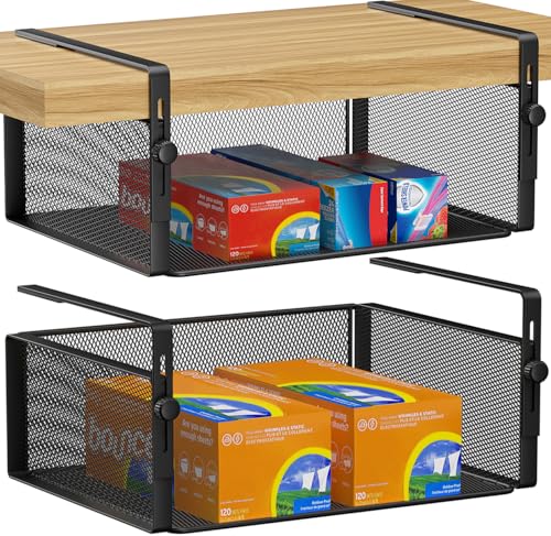 AmonHouseware 2Pack Under Shelf Basket Organizer,Adjustable Hanging Holder for Cabinet Pantry Kitchen Cupboard Desk Counter Bookshelf Organization Add-on Space Saver Heavy Duty Slide-in (Black, Large) - color: Black