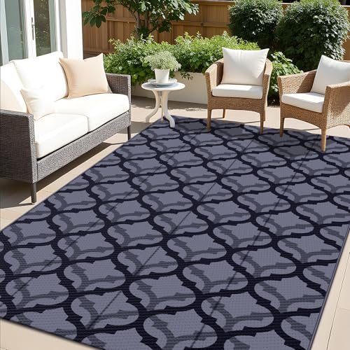 OLANLY Reversible Outdoor Rug 5x8 ft Clearance, Waterproof Outdoor Plastic Straw Rug with Interlacing Pattern, RV Mat for Patio, Camping, Balcony, Deck, Backyard, Black & Grey - color: Black & Grey, size: 5' X 8' (Rectangular)