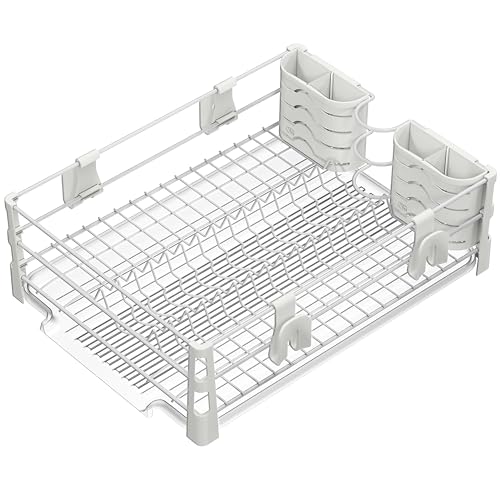 Simple Houseware White Dish Drying Rack with Drainboard, Utensil Holder & Mug Hooks – Metal Kitchen Counter Organizer - color: White