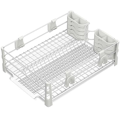 Simple Houseware White Dish Drying Rack with Drainboard, Utensil Holder & Mug Hooks – Metal Kitchen Counter Organizer - color: White