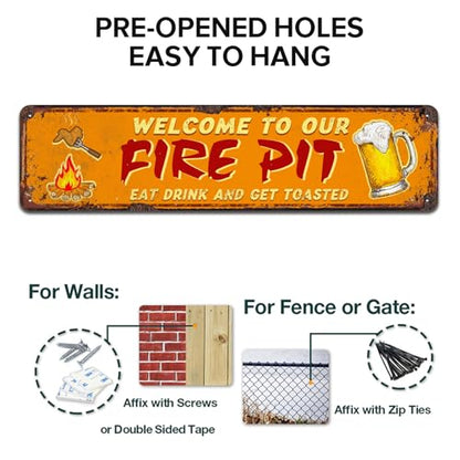 Funny Camping Signs, Welcome to our Fire Pit Eat Drink and Get Toasted, Novelty Tin Camper Decor, Metal Signs 4x16 Inches - color: V-102