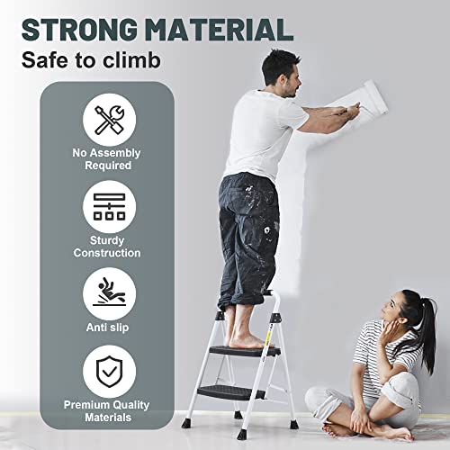 SocTone 2 Step Ladder, Folding Step Stool for Adults with Handle, Lightweight, Perfect for Kitchen& Household, 500lbs Capacity Sturdy Steel Ladder, White - size: 2-Step