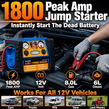 Car Jump Starter with Air Compressor, 1800A Battery Booster Pack for Up to 8.0L Gas & 6.0L Diesel, 150PSI Tire Inflator, 400W Portable Power Station with AC Outlet, 6-in-1 Jump Box for Cars, Trucks - style: 1800AMP