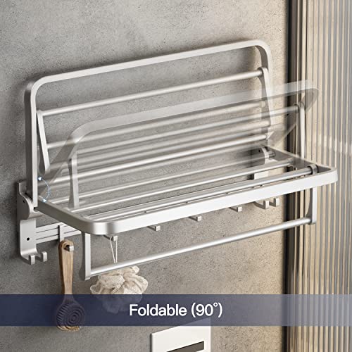 VOLPONE 24 Inch Towel Rack with Towel Bar Holder Foldable Towel Shelf with Movable Hooks Rustproof Towel Storage Wall Mount for Bathroom Lavatory Silver - color: Silver