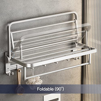 VOLPONE 24 Inch Towel Rack with Towel Bar Holder Foldable Towel Shelf with Movable Hooks Rustproof Towel Storage Wall Mount for Bathroom Lavatory Silver - color: Silver