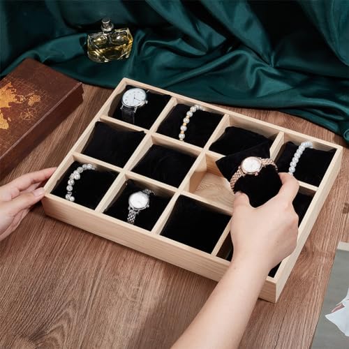 PH PandaHall 12 Slot Wooden Watch Organizer Tray Display Holder with Removable Velvet Pillows, Stackable Jewelry Bracelet Storage Tray for Drawer Showcase, Black - color: Black