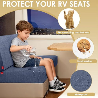 Waterproof RV Dinette Cushion Covers - Stretch Seat Slipcover, Washable RV Couch Cover Designed for Camper Car Bench (Sofa 1 Backrest Cover & 1 Bench Cover, Blue Grey) - color: Blue Grey, size: Sofa 1 Backrest Cover & 1 Bench Cover