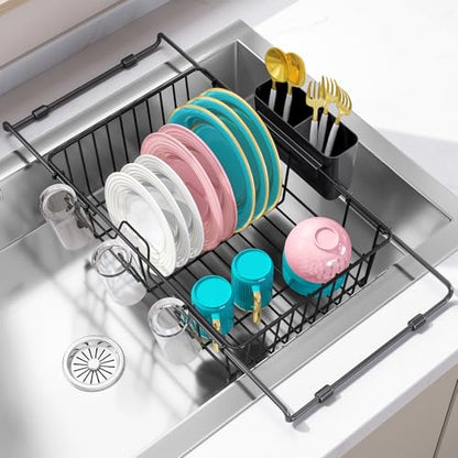 Urackify Dish Drying Rack in Sink, Stainless Steel Expandable Over the Sink Dish Rack with Utensil Holder & Cup Holder, Kitchen Drying Rack for Inside Sink, 15.35" x 11.02" x 4.84", Black - color: Black, size: Expandable - 15.35"~23.23“ x 11.02" x 4.84"