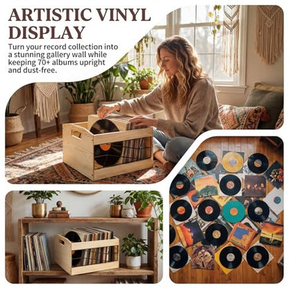 Covzoe Vinyl Record Storage Crate, Wooden Album Holder with Handle, Holds up to 70+ Albums, Natural Cube CD Albums Shelf Organize Box, File Organizer Rack for Desktop, Home, Office