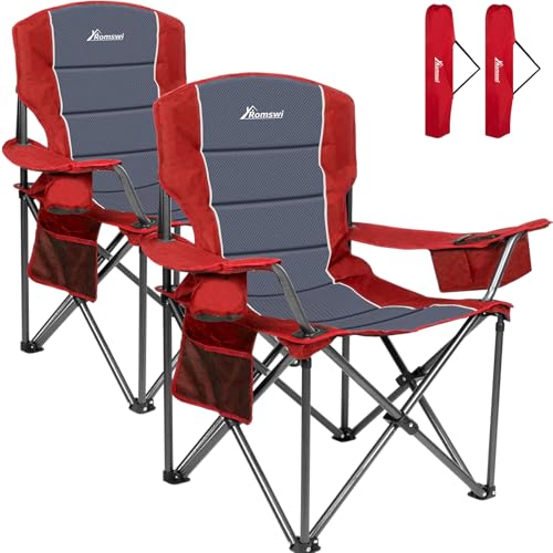 Romswi Oversized Camping Chairs,Heavy Duty Support 500 LBS,Padded Back & Arm Sport Chairs, Cup Holder Cooler Bag, Collapsible Folding Chairs for Outdoor, Fishing & Garden, Red,2-Pack - color: Red, style: XL Large