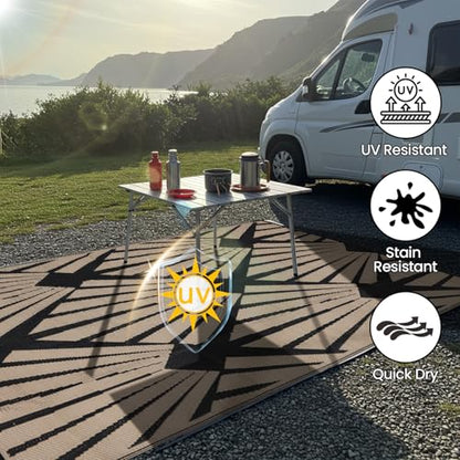 Reversible Outdoor Plastic Straw Rug 5x8 Ft, Waterproof Foldable Camping Mat with Uv Protection, Quick-Dry Plastic Straw Patio Carpet for Deck Rv Porch Backyard Black & Brown