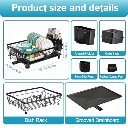 Dish Drying Rack - Space Saving Dish Rack - Dish Racks for Kitchen Counter with Drainboard,Rustproof Dish Drainer with Removable Utensil Holder,Black - color: 1 Tier-black