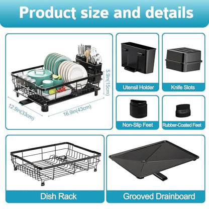 Dish Drying Rack - Space Saving Dish Rack - Dish Racks for Kitchen Counter with Drainboard,Rustproof Dish Drainer with Removable Utensil Holder,Black - color: 1 Tier-black