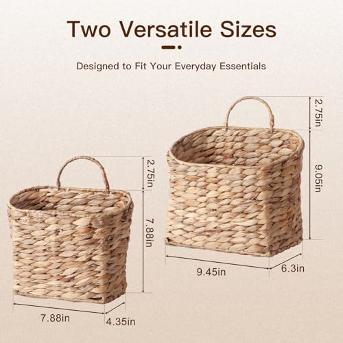 Set of 2 Wicker Hanging Wall Basket Woven Hanging Baskets Natural Water Hyacinth Wall Mounted Storage Baskets with Handle Farmhouse Home Decor for Organizing Front Door Entryway Mail Flowers Plant
