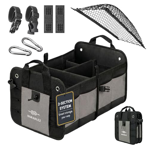 Compact Car Trunk Organizer 2-Section – Grocery, Tools, Cleaning Supplies Storage – Foldable Dual-Compartment Cargo Bin with Cover Net – Gray - color: gray, size: 2-section large