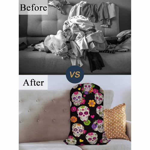 Swono Sugar Skull Drawstring Closure Dirty Clothes Bag Organizer, Heavy Duty Large Laundry Bag, Day Of The Dead Mexican Skeleton Floral Rip-Stop Bags for Camp Travel, Machine Washable, Spooky - color: Sugar Skull