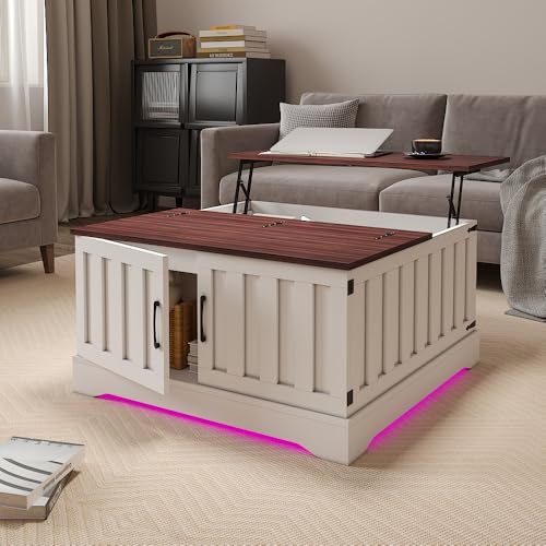 HedoAjim Lift Top Coffee Table with Storage, 31.5" Square Coffee Table with Large Hidden Storage, Wood Living Room Table Center Table for Living Room Dining Reception Room - color: White Brown