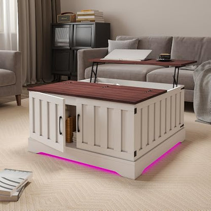 HedoAjim Lift Top Coffee Table with Storage, 31.5" Square Coffee Table with Large Hidden Storage, Wood Living Room Table Center Table for Living Room Dining Reception Room - color: White Brown