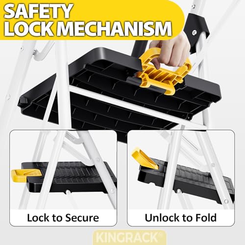 KINGRACK Folding 5-Step Ladder, 800 lbs Capacity Step Stool with Safety Lock, Tool Tray, Non-Skid Wide Steps, Handrail, Household Folding Ladder for Home, Garden, Painting, Outdoor, and Garage, White - size: 5-STEP