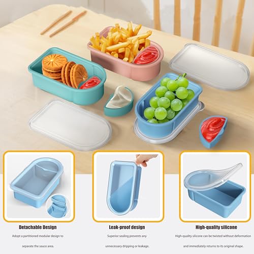 Toutrop 3 Pack Reusable Silicone Snack Containers with Lids, Salad Sauce Seasoning Container, Detachable design Mini Kids Snack Concainers for Travel, Office, Picnic