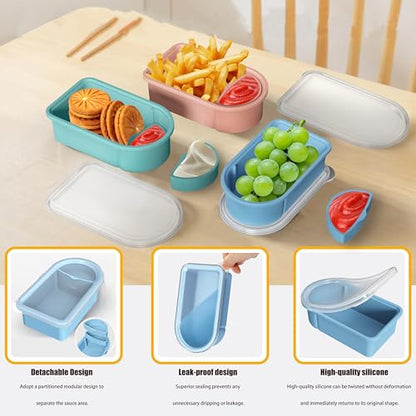 Toutrop 3 Pack Reusable Silicone Snack Containers with Lids, Salad Sauce Seasoning Container, Detachable design Mini Kids Snack Concainers for Travel, Office, Picnic