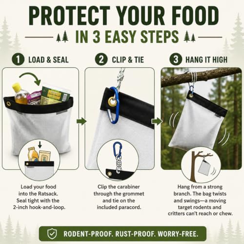RATSACK The Ultralight Camping Bundle- Rodent Proof Dry Bag for Backpacking - Bear Bag Food Storage for Camping with Coghlans Odor Proof & Waterproof Bag, Survival Utility Rope and Carabiner (Large) - size: Large