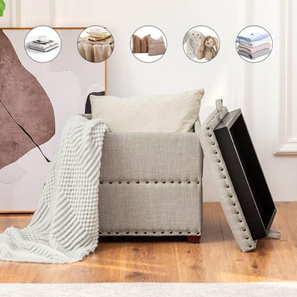 Adeco 18 Inch High Cube Ottoman Storage, Linen Beige Chair Foot Stools with Tray, Upholstered Vanity Stool with Solid Wood Legs - color: Beige With Nails