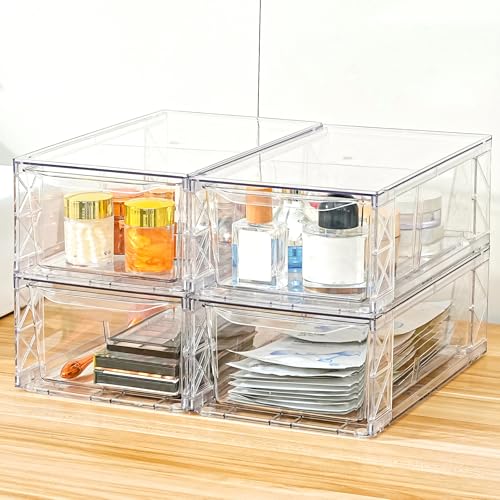 4 Pack Acrylic Storage Drawers, Clear Stackable Storage Drawers, Acrylic Organizers Drawers for Under Sink, Pantry, Bathroom, AcrylicStorage Containers for Makeup Organizers Cosmetic Display, Medium - color: Clear 4, size: Medium