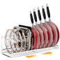 MUDEELA Pot Rack - Expandable Pots and Pans Organizer under Cabinet, Pot Lid Organizer Holder with 12 Adjustable Compartment, Kitchen Cabinet Organizer and Storage for Cutting Board, Skillets Pan - style: 12 Dividers-Silver